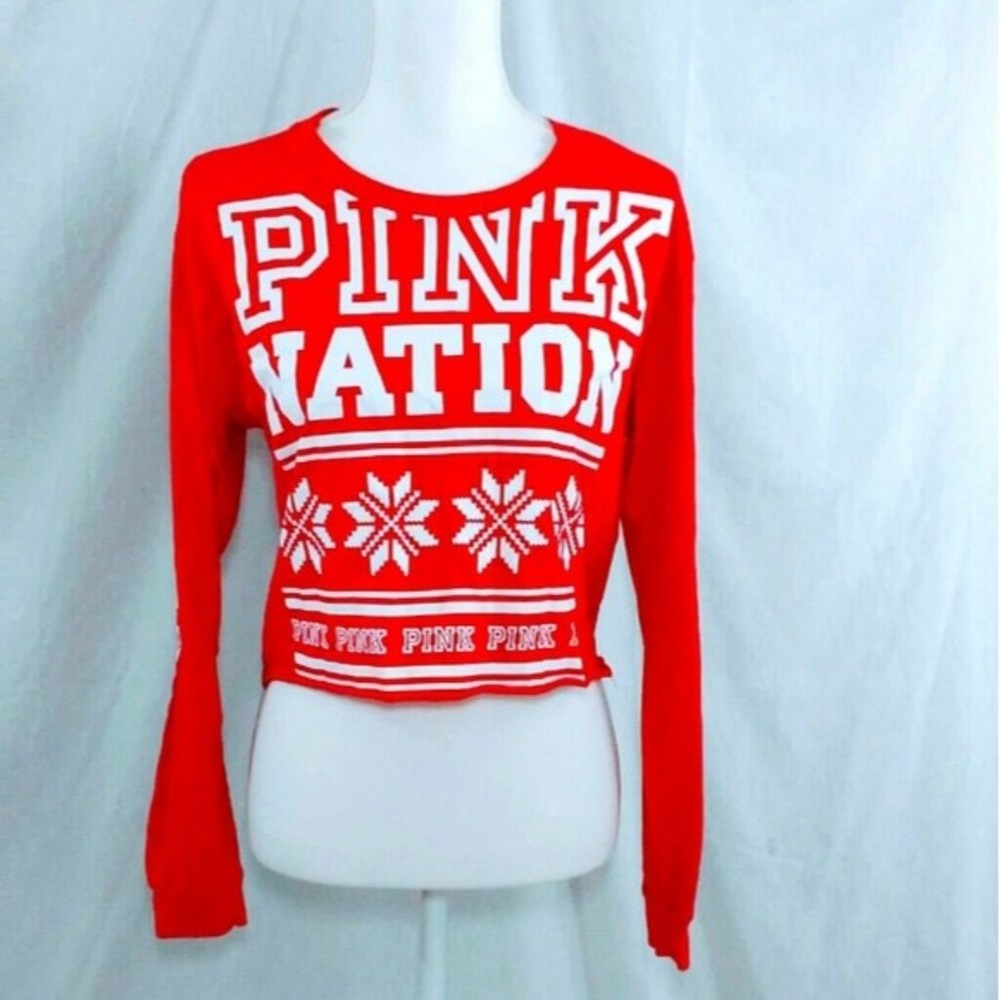 PINK Victoria’s Secret Red Cropped Long Sleeve Top Medium Pink Nation Graphic